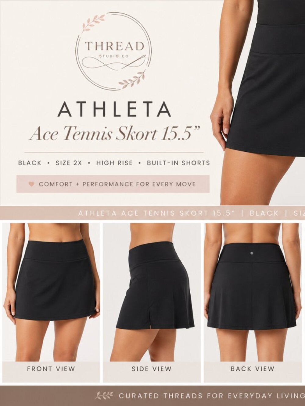 Athleta ACE Tennis Skirt 15.5" Black Skort - Size 2X